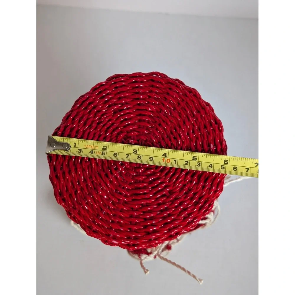Vintage Red Wicker Basket Flower Vase Holder White Ruffled Top Bow Made in Korea